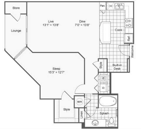 Floor plan for 1 bed, 1 bath, 887 sqft